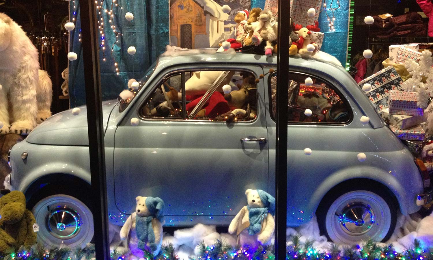 In Christmas 2017 Anna Davies Christmas window featured a powder blue Fiat 500